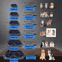 Tableau récapitulatif des tailles de paniers pour chiens et chats, de la taille S (45x35 cm) à 3XL (100x85 cm), illustré avec les dimensions en pouces et centimètres ainsi que des exemples d'animaux adaptés pour chaque format.