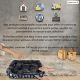 Instructions de déballage sous vide pour le panier pour animaux, montrant les étapes pour tapoter les côtés du lit et le laisser reposer 24 heures pour qu'il retrouve sa forme initiale.