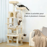 Arbre à chat multi-niveaux Happy Animalia avec poteaux à griffer en sisal, plateformes moelleuses, hamac et cachette.