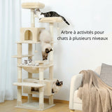 Arbre à chat multi-niveaux Happy Animalia avec poteaux à griffer en sisal, plateformes moelleuses, hamac et cachette.