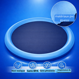 Infographie produit d'un tapis de jet d'eau bleu pour chien en matériaux PVC épaissi, garanti non toxique, sans BPA, sans phtalates et respectueux de l'environnement.