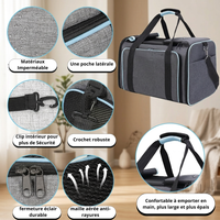 Infographie des caractéristiques d'un sac de transport gris pour animaux, détaillant en gros plans le tissu imperméable, la poche latérale, le clip de sécurité intérieur, le crochet robuste, la fermeture éclair, la maille anti-rayures et les poignées confortables.