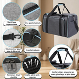 Infographie des caractéristiques d'un sac de transport gris pour animaux, détaillant en gros plans le tissu imperméable, la poche latérale, le clip de sécurité intérieur, le crochet robuste, la fermeture éclair, la maille anti-rayures et les poignées confortables.