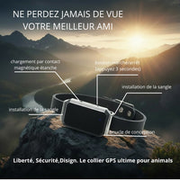 Collier traceur GPS Happy Animalia en cuir noir pour chiens et chats, étanche, avec chargement magnétique et suivi en temps réel.