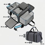 Schéma des dimensions en centimètres du sac de transport pour animaux, indiquant les mesures plié (48x30x31 cm) et déplié avec ses extensions latérales en filet.