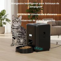 Distributeur automatique de croquettes intelligent Happy Animalia noir avec télécommande, grande capacité et repas programmables pour chats et chiens.