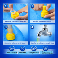 Guide d'installation en 4 étapes d'un tapis de jet d'eau pour chien : poser le joint, installer l'embout jaune, connecter le tuyau d'arrosage sur le tapis et brancher au robinet. Matériau certifié non toxique et sans BPA.