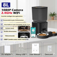 Happy Animalia automatic pet feeder with 8L capacity, HD camera, Wi-Fi, and dual stainless steel bowls.