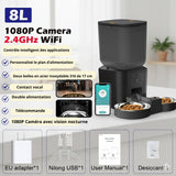 Happy Animalia automatic pet feeder with 8L capacity, HD camera, Wi-Fi, and dual stainless steel bowls.