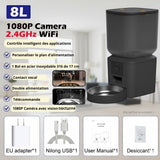 Happy Animalia automatic pet feeder with 8L capacity, 1080p HD camera, Wi-Fi, and two-way audio. Features programmable feeding and portion control.