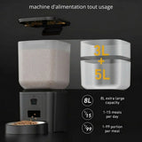 Happy Animalia automatic pet feeder with 8L capacity, HD camera, and Wi-Fi for remote feeding. Dispenses 1-15 meals with 1-99 portions.