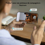 Happy Animalia automatic pet feeder with HD camera, allows remote feeding and two-way audio communication with pets.