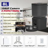Happy Animalia automatic pet feeder with 8L capacity, 1080p HD camera, Wi-Fi, and voice control. Features stainless steel bowl and app control.