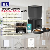 Happy Animalia automatic pet feeder with 8L capacity, HD camera, Wi-Fi, and dual stainless steel bowls.