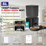Happy Animalia automatic pet feeder with 8L capacity, HD camera, Wi-Fi, and dual stainless steel bowls.