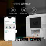Happy Animalia automatic pet feeder with HD camera and Wi-Fi connectivity, dispenses kibble into a bowl.