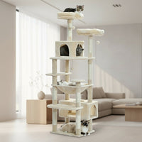 Happy Animalia multi-level cat tree with sisal scratching posts, plush platforms, and hideaways in beige.