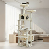 Happy Animalia multi-level cat tree with sisal scratching posts, plush platforms, and hideaways in beige.