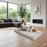 Happy Animalia beige plush dog bed with a woman and dog relaxing on it in a modern living room.