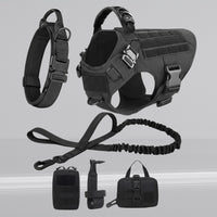 Happy Animalia black 5-in-1 tactical dog harness kit with collar, leash, and pouches. Durable nylon vest with MOLLE system.