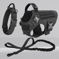 Happy Animalia black tactical nylon dog harness with MOLLE system, handle, and leash. Adjustable vest for large breeds.
