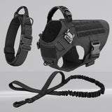 Happy Animalia black tactical nylon dog harness with MOLLE system, handle, and leash. Adjustable vest for large breeds.