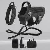 Happy Animalia black 5-in-1 tactical dog harness kit with collar, leash, and pouches. Durable nylon vest with MOLLE system.