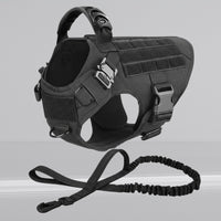 Happy Animalia black tactical dog harness with leash, durable nylon, adjustable vest with handle and MOLLE system.