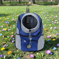 Happy Animalia blue and grey mesh dog hiking backpack with drawstring closure and adjustable straps.