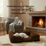 Happy Animalia brown plush dog bed with raised edges for anxiety relief and comfortable sleep.