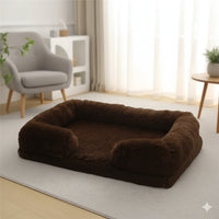 Happy Animalia brown plush dog and cat calming bed with raised edges for comfort and security.