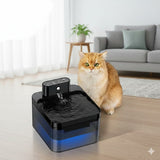 Happy Animalia automatic cat water fountain, 2.2L capacity, with smart sensor and blue LED light. Encourages hydration.