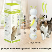 Happy Animalia white caterpillar-shaped cat scratcher with interactive yellow tail and two green replacement tails.