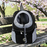 Happy Animalia black and grey mesh dog hiking backpack with adjustable straps and head opening.