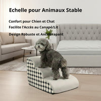 Happy Animalia grey and white checkered dog ramp with 2 steps, non-slip surface for elderly or arthritic dogs.