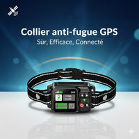 Happy Animalia GPS anti-escape collar for dogs, black with reflective pattern, waterproof, rechargeable battery.