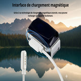 Happy Animalia GPS tracker for pets, black with silver trim, magnetic charging cable attached.