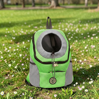 Happy Animalia green mesh dog hiking backpack with head opening and adjustable straps for comfortable travel.