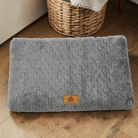Happy Animalia grey orthopedic dog bed with faux fur, waterproof and anti-slip features for arthritic dogs.