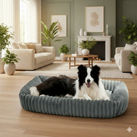 Happy Animalia grey plush orthopedic dog bed with memory foam for senior dogs. Features bolstered sides and a soft, washable cover.