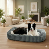 Happy Animalia grey plush orthopedic dog bed with memory foam for senior dogs. Features bolstered sides and a soft, washable cover.