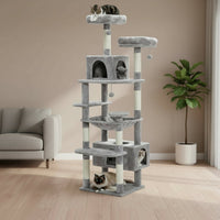 Happy Animalia grey multi-level plush cat tree with sisal scratching posts, hammocks, and hideaways.