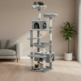 Happy Animalia grey multi-level plush cat tree with sisal scratching posts, hammocks, and hideaways.