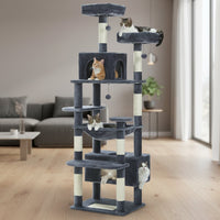 Happy Animalia multi-level grey plush cat tree with sisal scratching posts, hammocks, and hideaways.