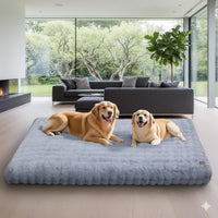 Happy Animalia grey plush dog bed with orthopedic foam, perfect for large dogs. Features a soft, washable cover and non-slip base.