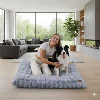 Happy Animalia grey plush dog bed with a border collie dog and owner. Orthopedic foam and washable cover.