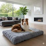 Happy Animalia grey plush dog bed with orthopedic foam, ideal for anxious pets.