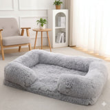 Happy Animalia grey plush dog and cat bed with raised edges for comfort and security.