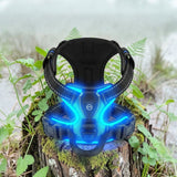 Happy Animalia black mesh dog harness with bright blue LED lights, adjustable straps, and reflective trim for night walks.