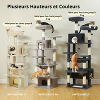 Happy Animalia multi-level cat tree with sisal scratching posts, plush platforms, and hideaways in beige, grey, and dark grey.